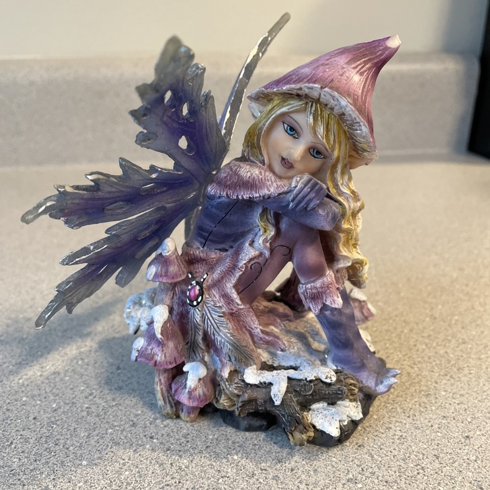 Winter Fairy Sitting Statue with Mushrooms Fantasy  Whimsicore Fairycore Story